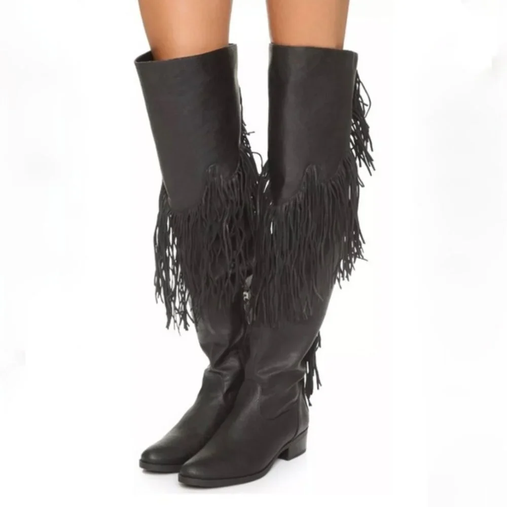 Schutz Kin Tall Fringe Black Leather Over The Knee Boots